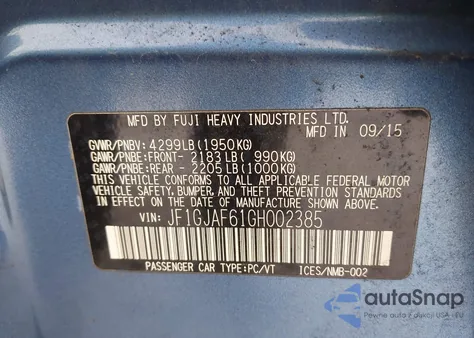 2016 Subaru Impreza 2.0I Premium from USA, damaged, VIN JF1GJAF61GH002385